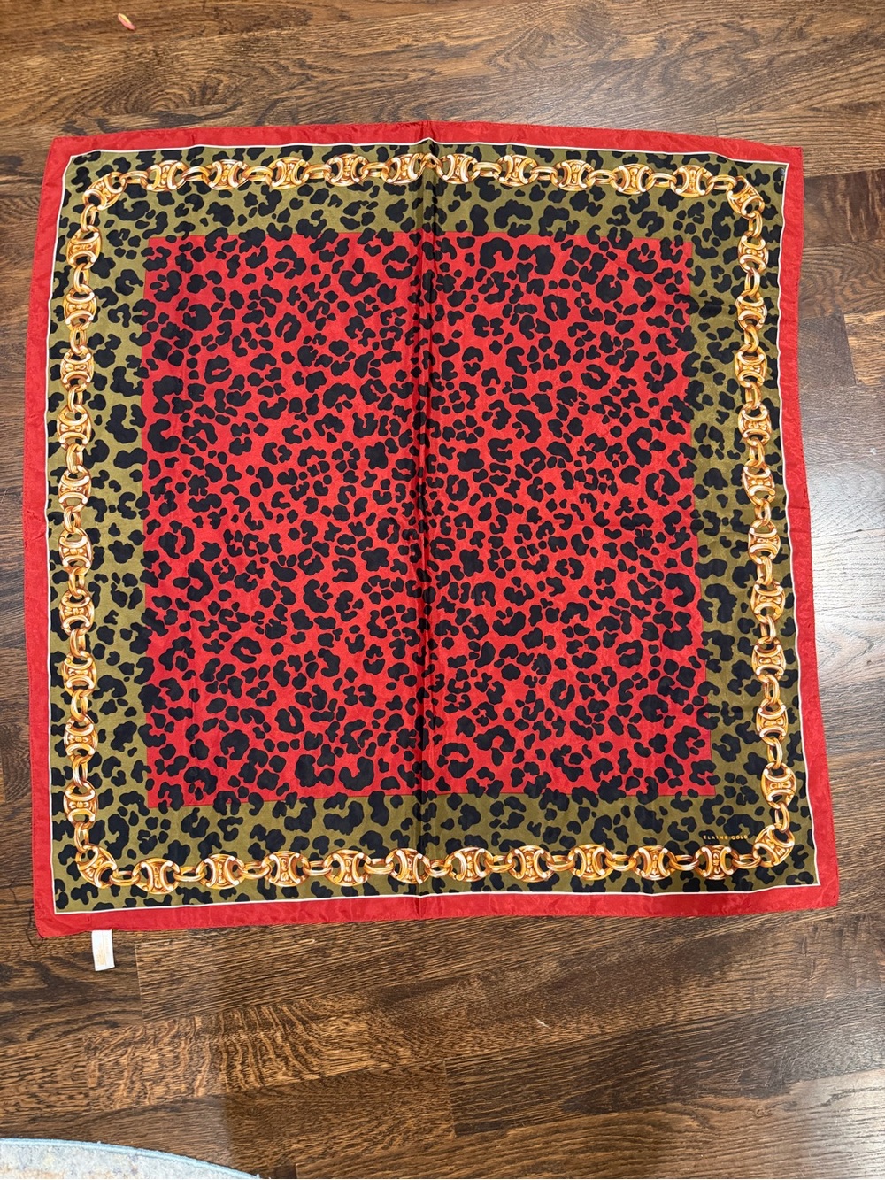 Leopard Print Silk Scarf - Red & Olive with Gold Chain Motif